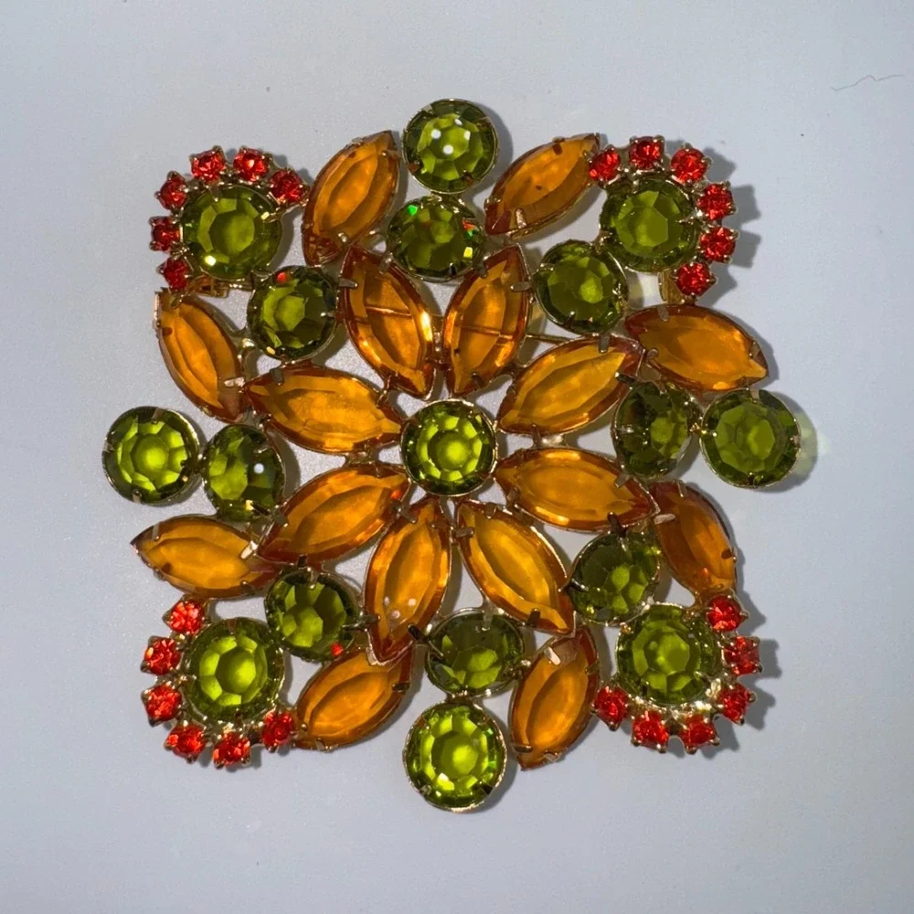 Retro Floral Brooch Orange &‎ Green Rhinestone Gold Tone Pin Mid Century Modern